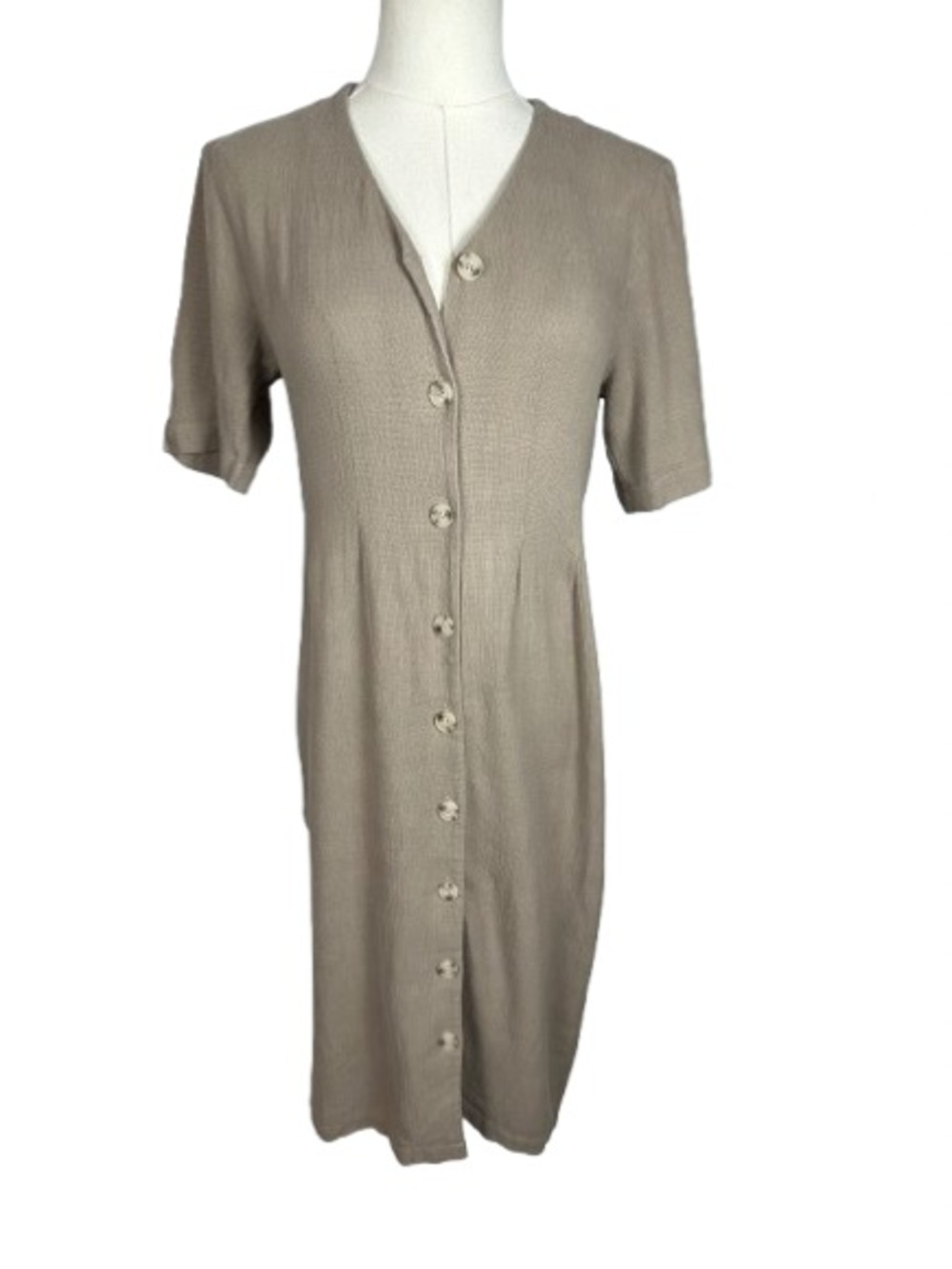 OAK + FORT Taupe Button-Front Short Sleeve Midi Dress